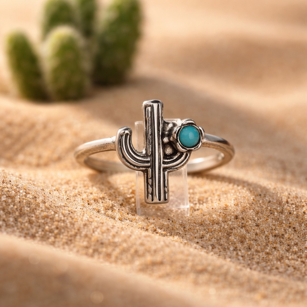 Alloy Cactus Ring with Synthetic Turquoise Accent